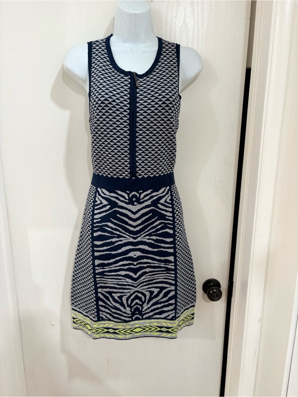 Hale Bob Navy and Cream Knit Patterned Sleeveless Dress